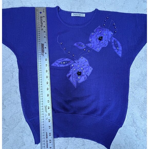 San Huwn Jean Jir Womens Knitted Wool Beaded Sequined Sweater Top Stretch Blue - Picture 7 of 7